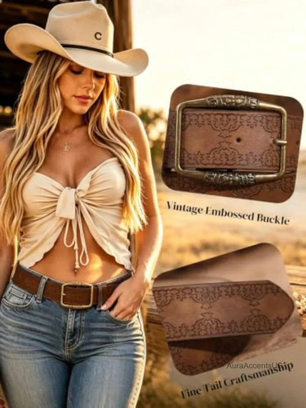 Vintage Western Leather Belt Tooled Floral Embossed Removable Buckle Adjustable